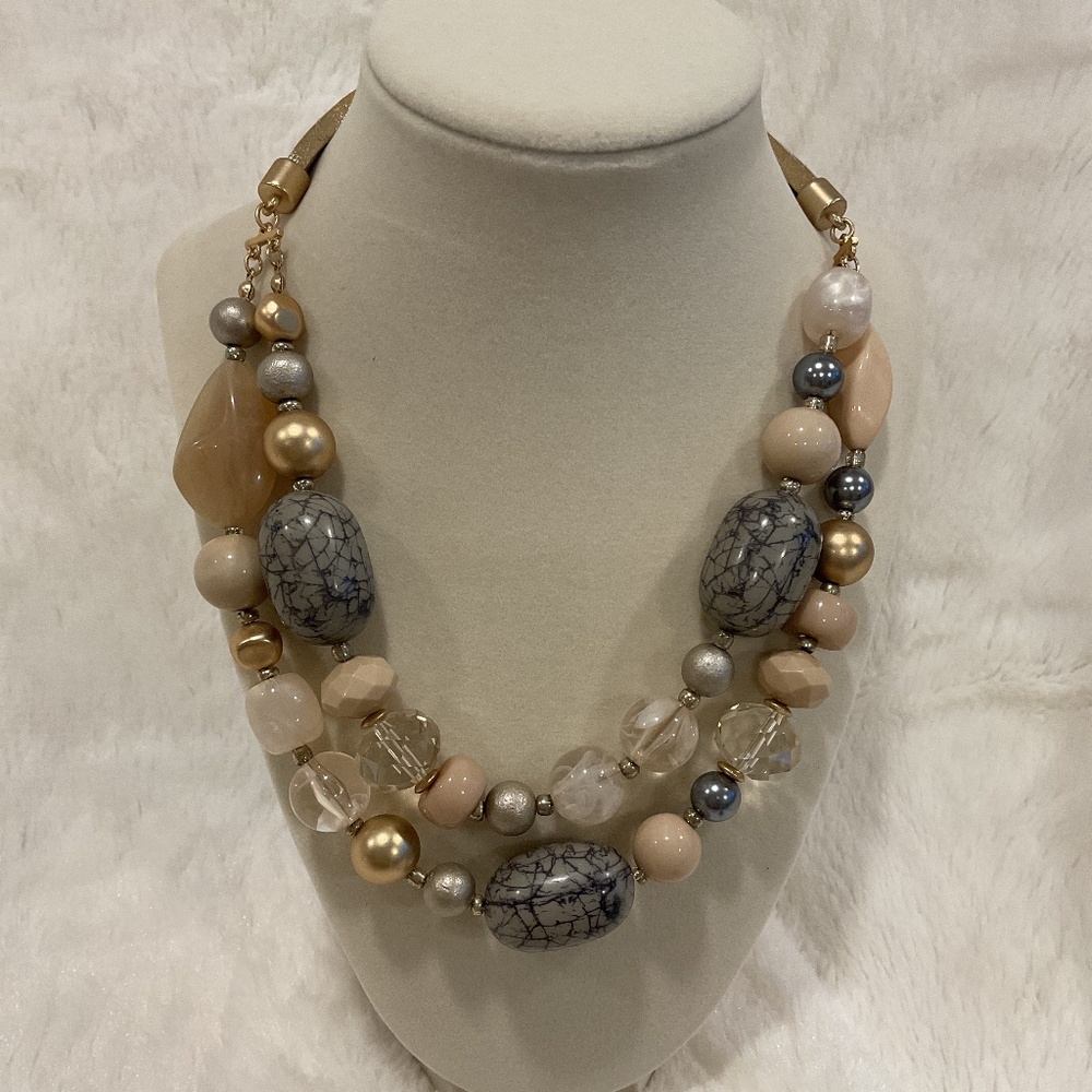 Chico’s Double Strand Multi-Bead Gold Tone Necklace